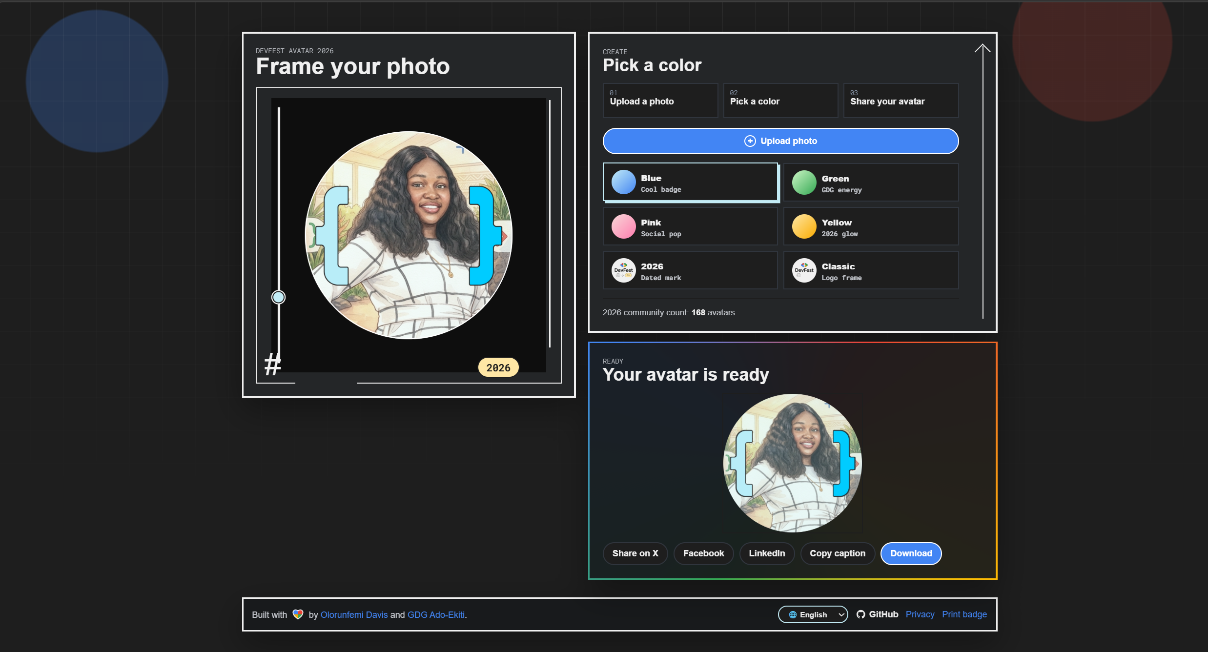 DevFest Avatar 2026 creator interface draft